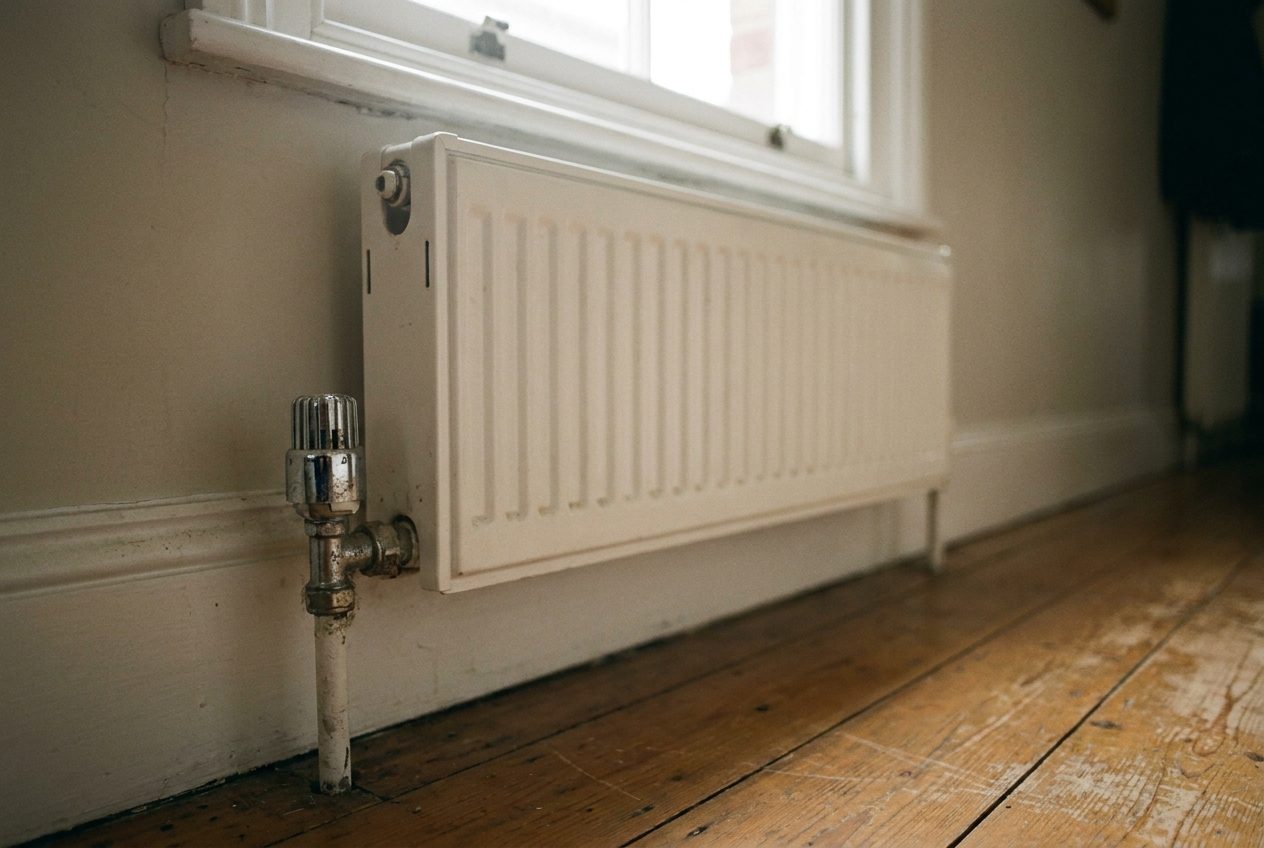 A white panel radiator under a sash window in a hallway, with a chrome thermostatic valve in the foreground and bare floorboards.